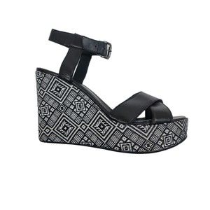 BAGATT ITALY Women Black White Leather Wedge Sandals Tribal Heels Shoes EU41